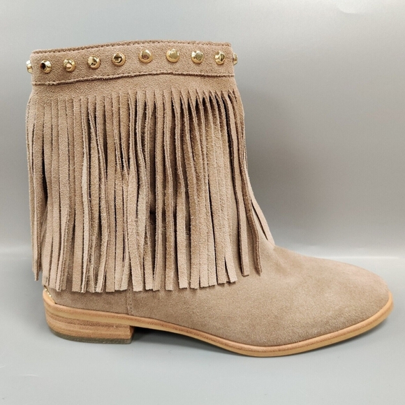 MICHAEL MICHAEL KORS Billy Fringed Ankle Boot Studded Suede Bootie Neutral 6 - Picture 2 of 14